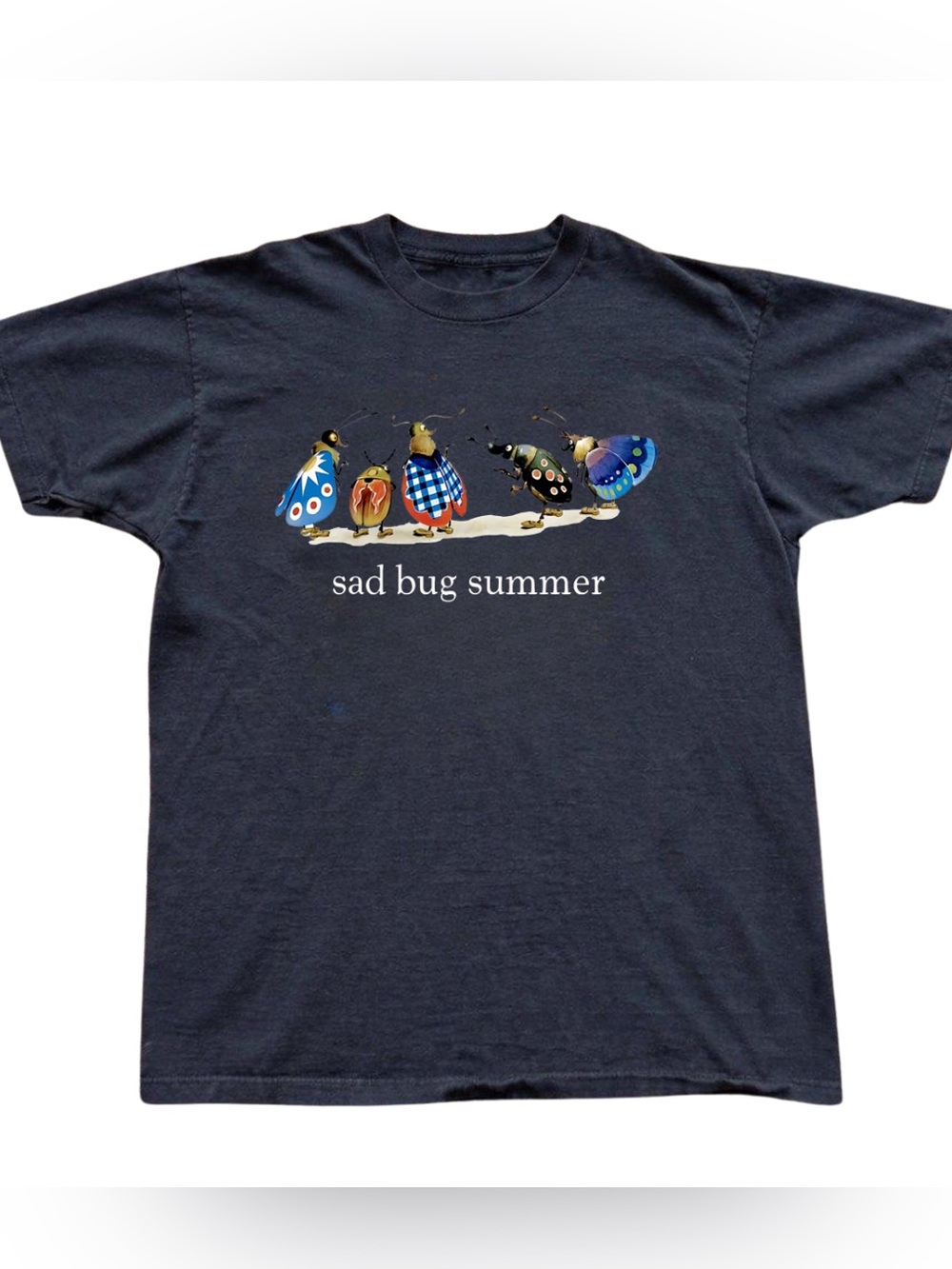 Vintage Sad Bug Summer Graphic Tee - Black Insect Crewneck Shirt